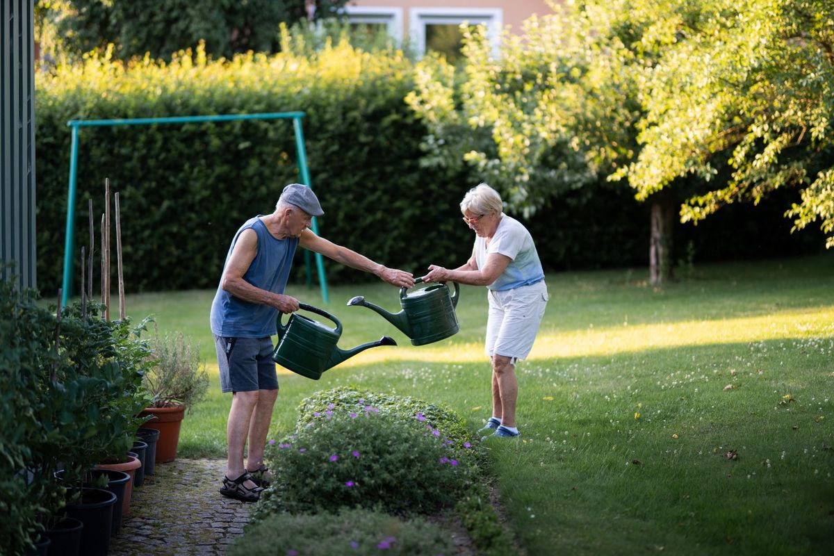 Älteres Paar giesst gemeinsam den Garten