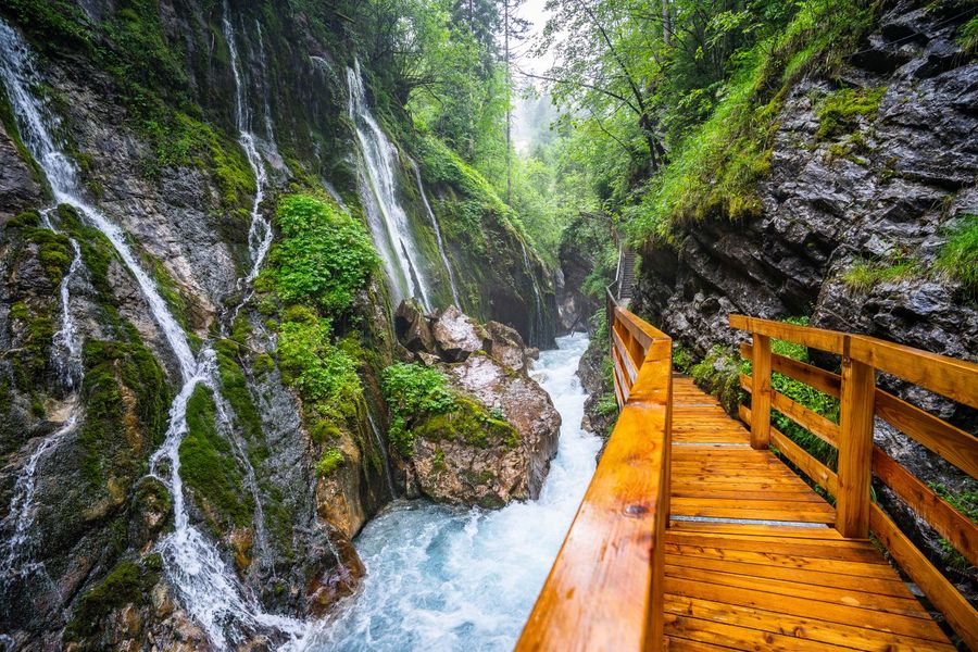 Holzsteg in einer bewaldeten Schlucht mit Bach