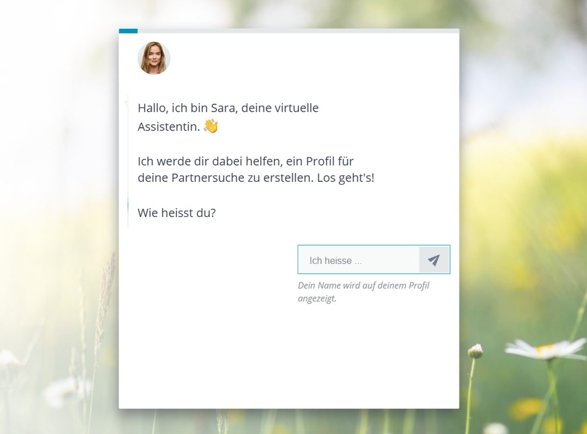 Erster Schritt der Anmeldung bei 50plus-Singlebörse: der virtuelle Assistent fragt nach dem Vornamen