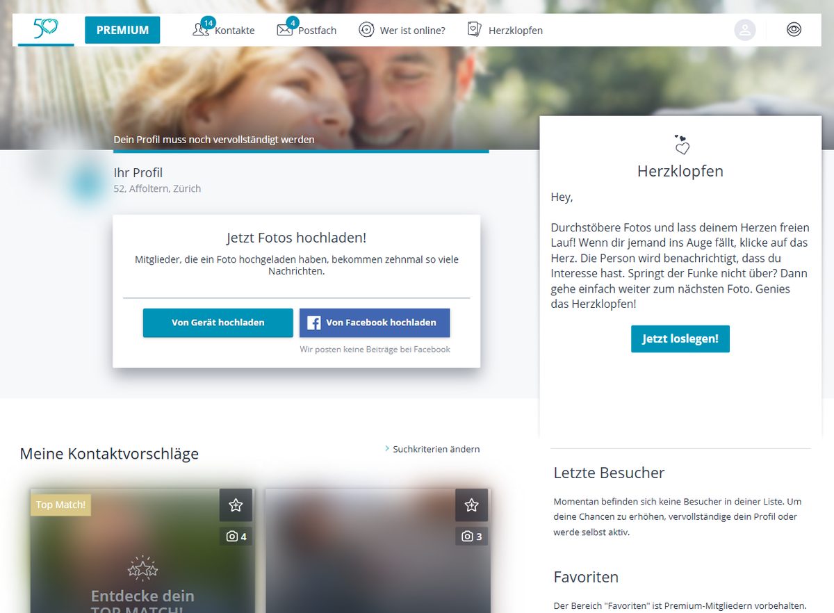 Startseite im Mitgliederbereich von 50plus-Singlebörse (Namen und Fotos unkenntlich gemacht)