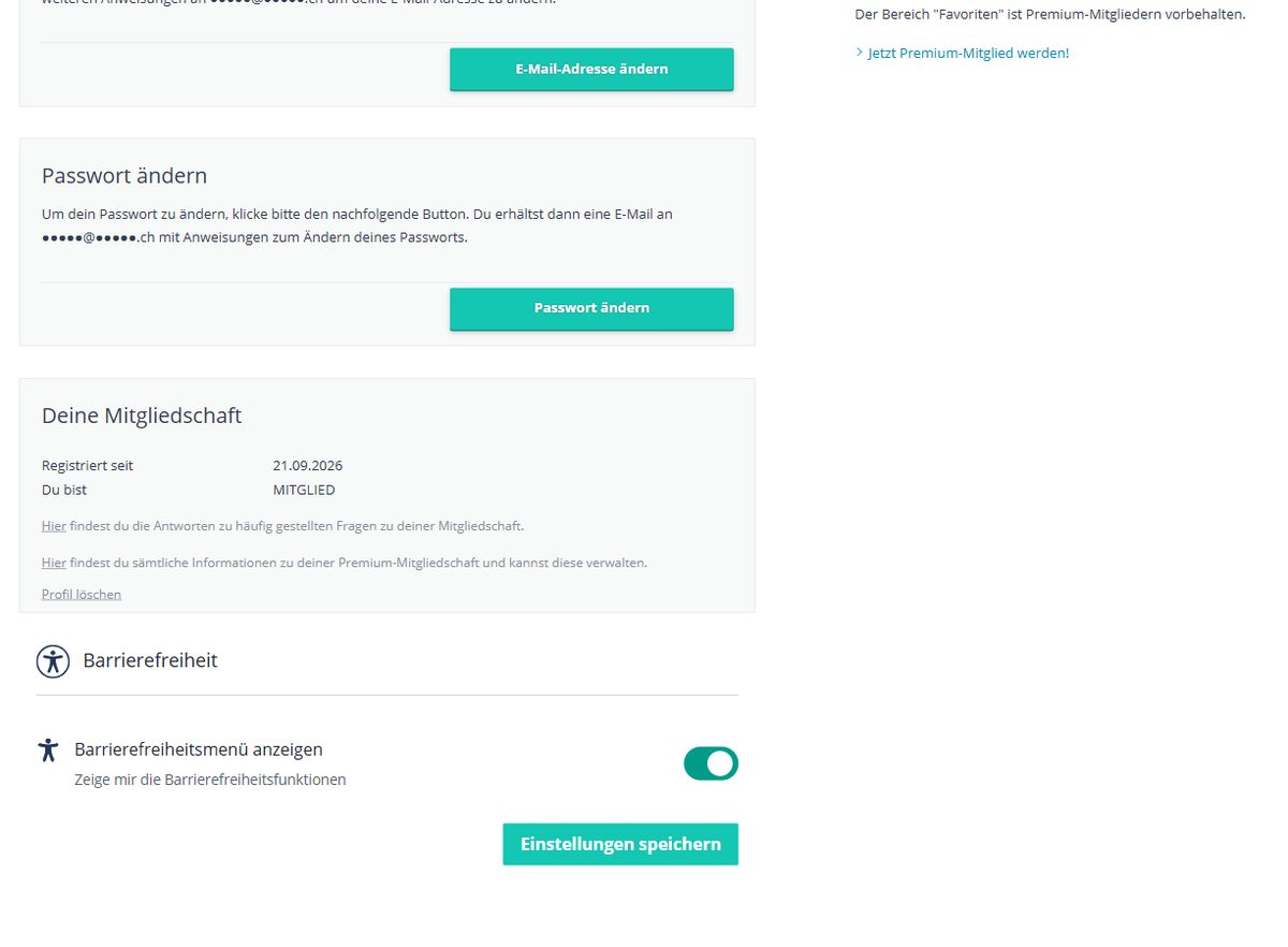 Kontoeinstellungen bei 50plus-Singlebörse mit Mitgliedschaft und Link zum Löschen des Profils (E-Mail-Adresse unkenntlich gemacht)