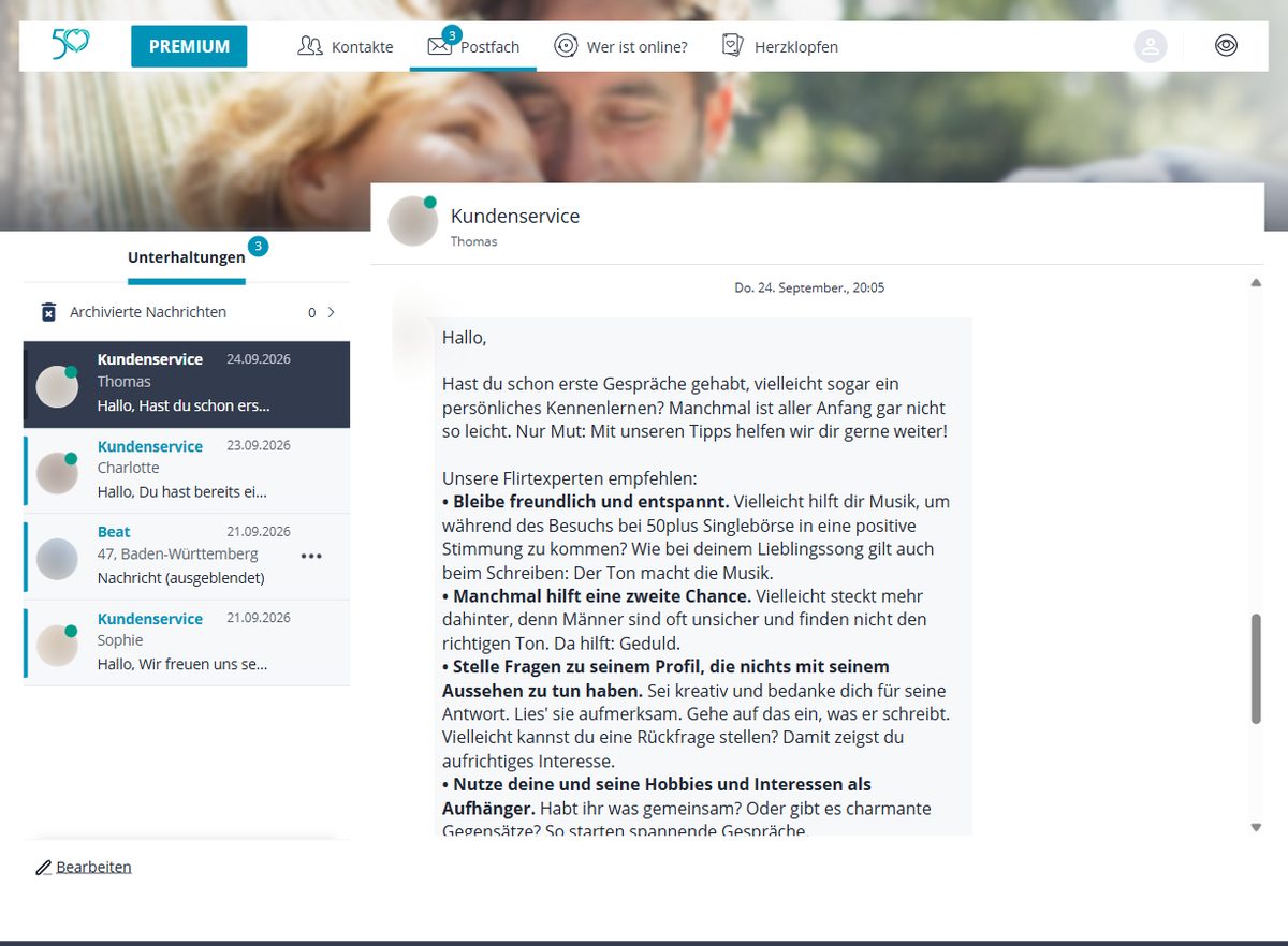 Postfach bei 50plus-Singlebörse mit Nachrichten des Kundenservice (Namen unkenntlich gemacht)