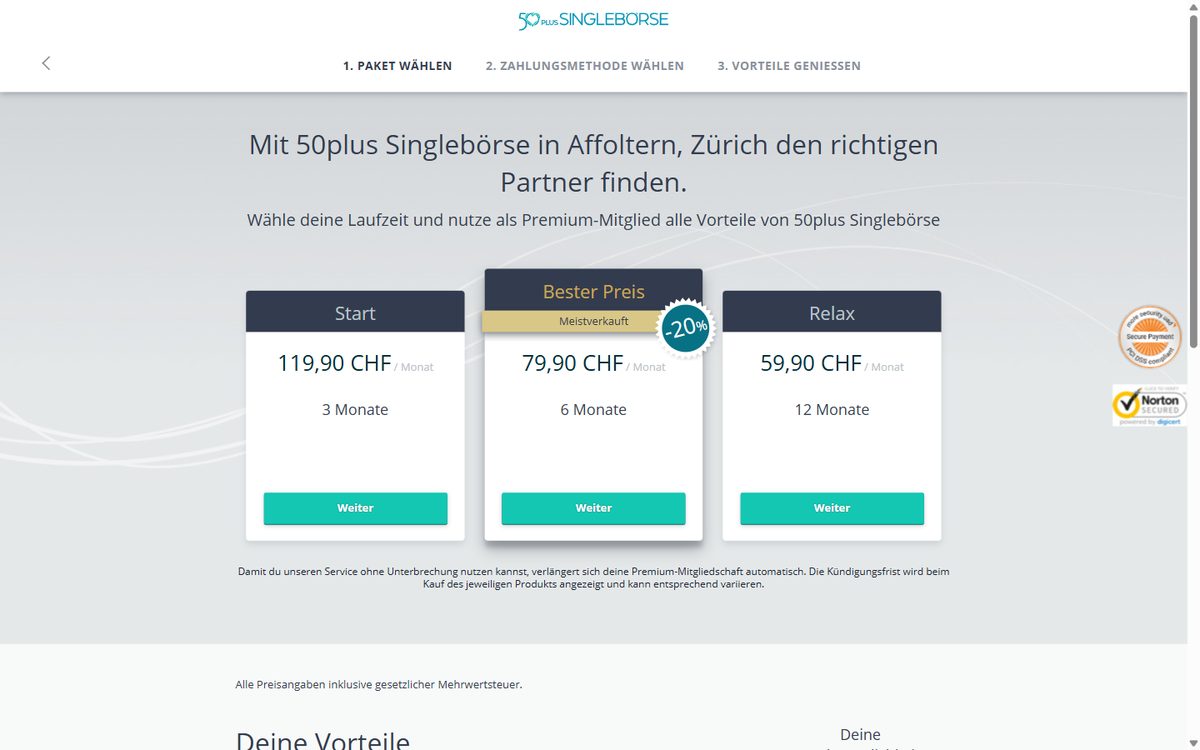 Premium-Angebote von 50plus-Singlebörse mit Preisen pro Monat
