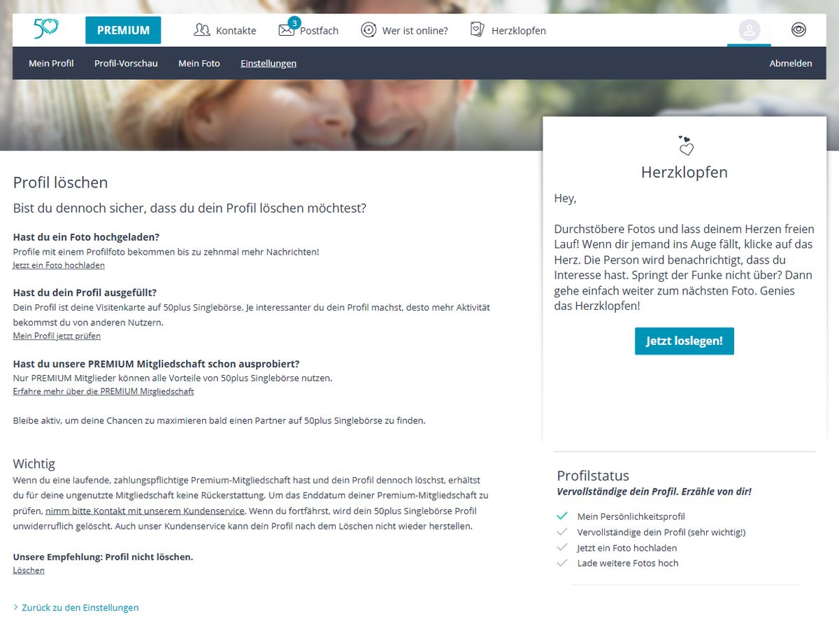 Seite zum Löschen des Profils bei 50plus-Singlebörse