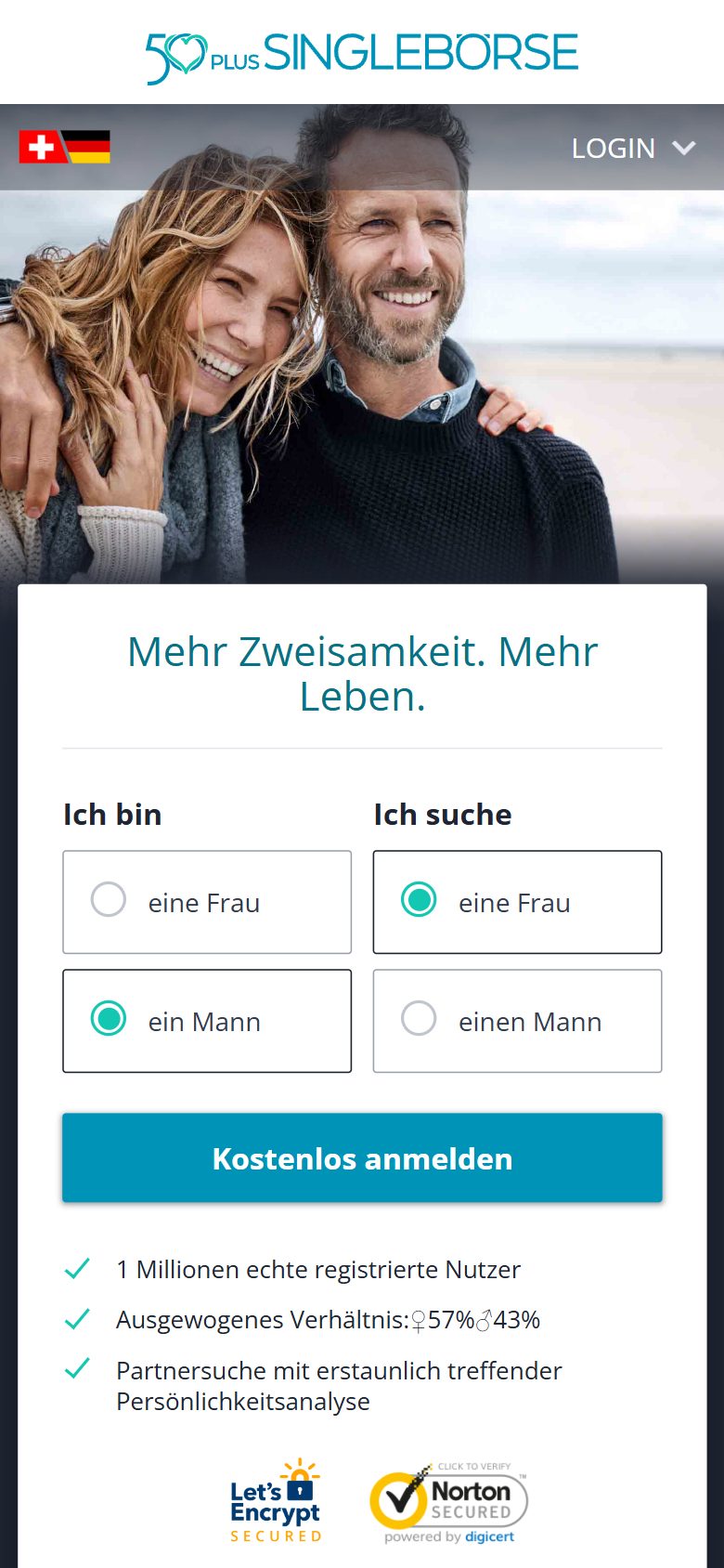 Startseite von 50plus-Singlebörse auf dem Handy