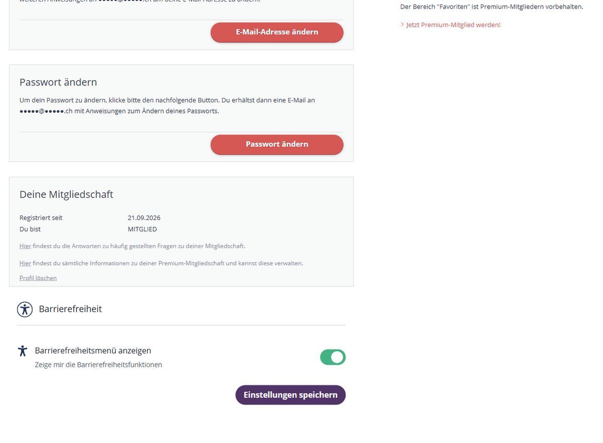 Kontoeinstellungen bei 60plusTreff mit Mitgliedschaft und Link zum Löschen des Profils (E-Mail-Adresse unkenntlich gemacht)
