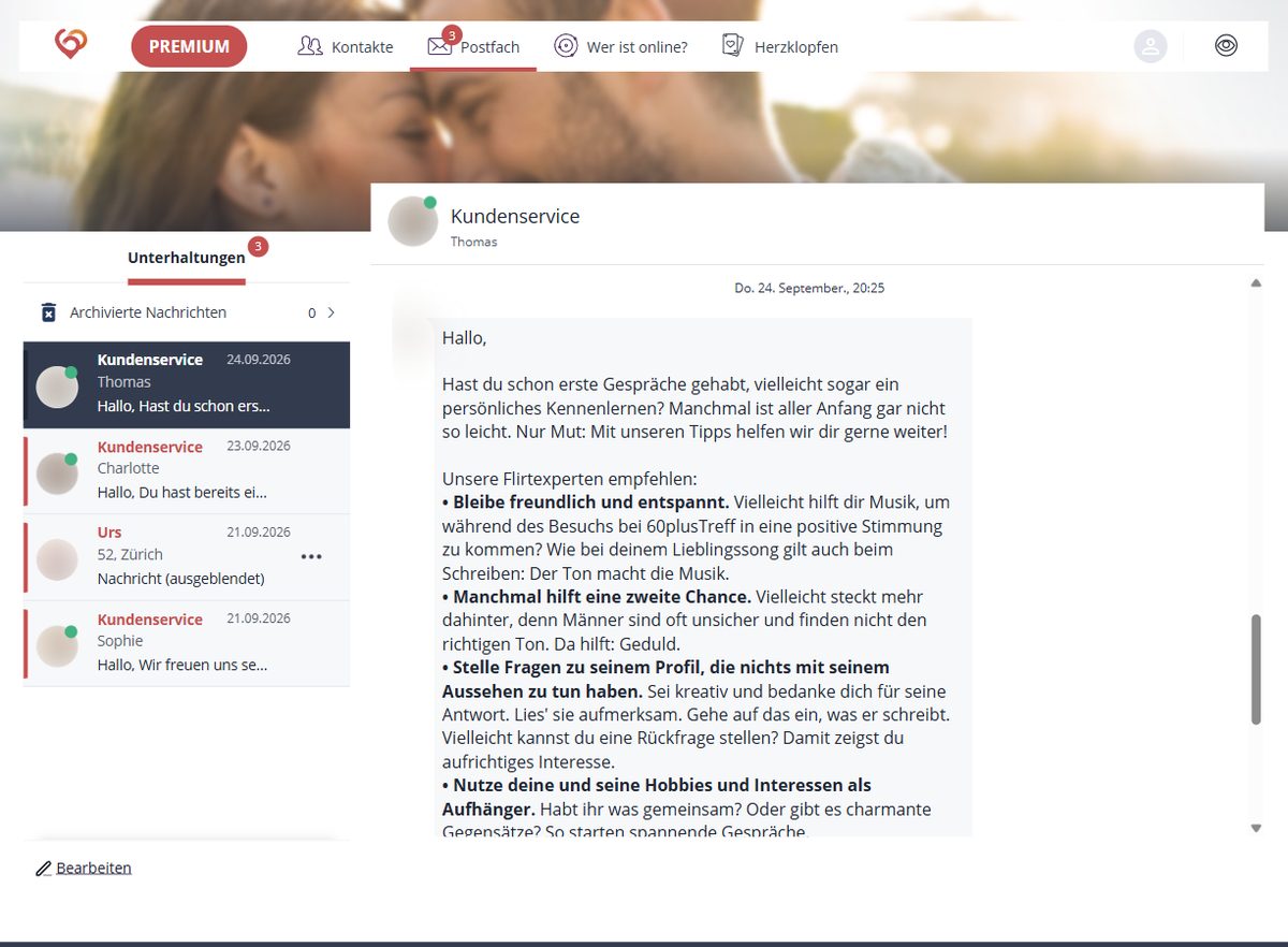 Postfach bei 60plusTreff mit Nachrichten des Kundenservice (Namen unkenntlich gemacht)