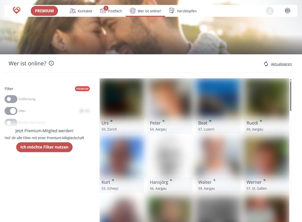 Liste «Wer ist online?» bei 60plusTreff (Namen und Fotos unkenntlich gemacht)