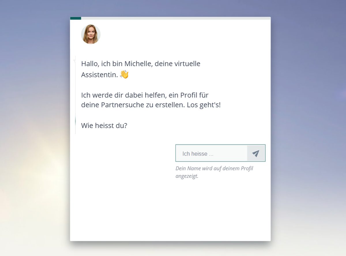Erster Schritt der Anmeldung bei VerliebtAb40: der virtuelle Assistent fragt nach dem Vornamen