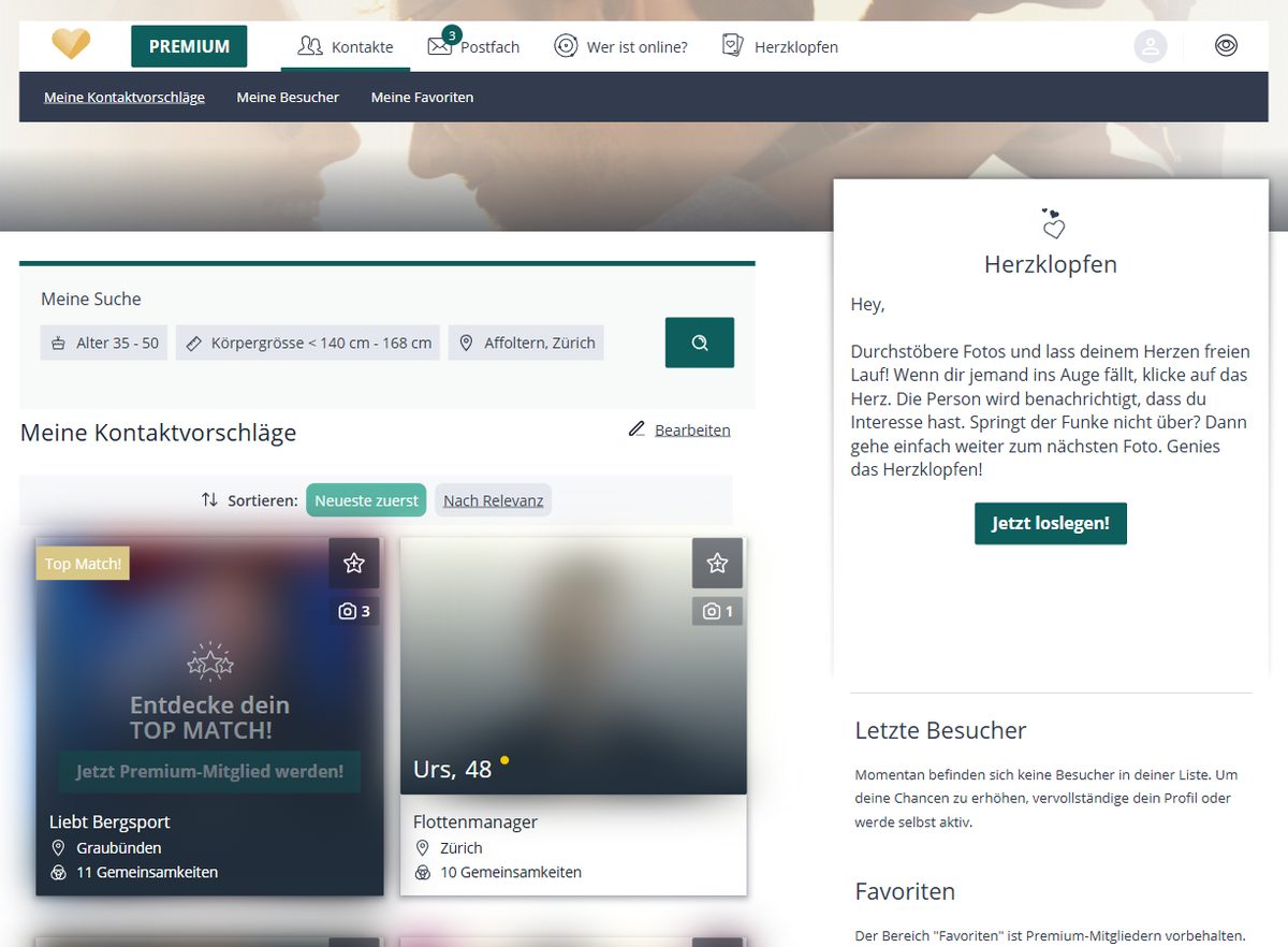 Partnervorschläge bei VerliebtAb40 (Namen und Fotos unkenntlich gemacht)