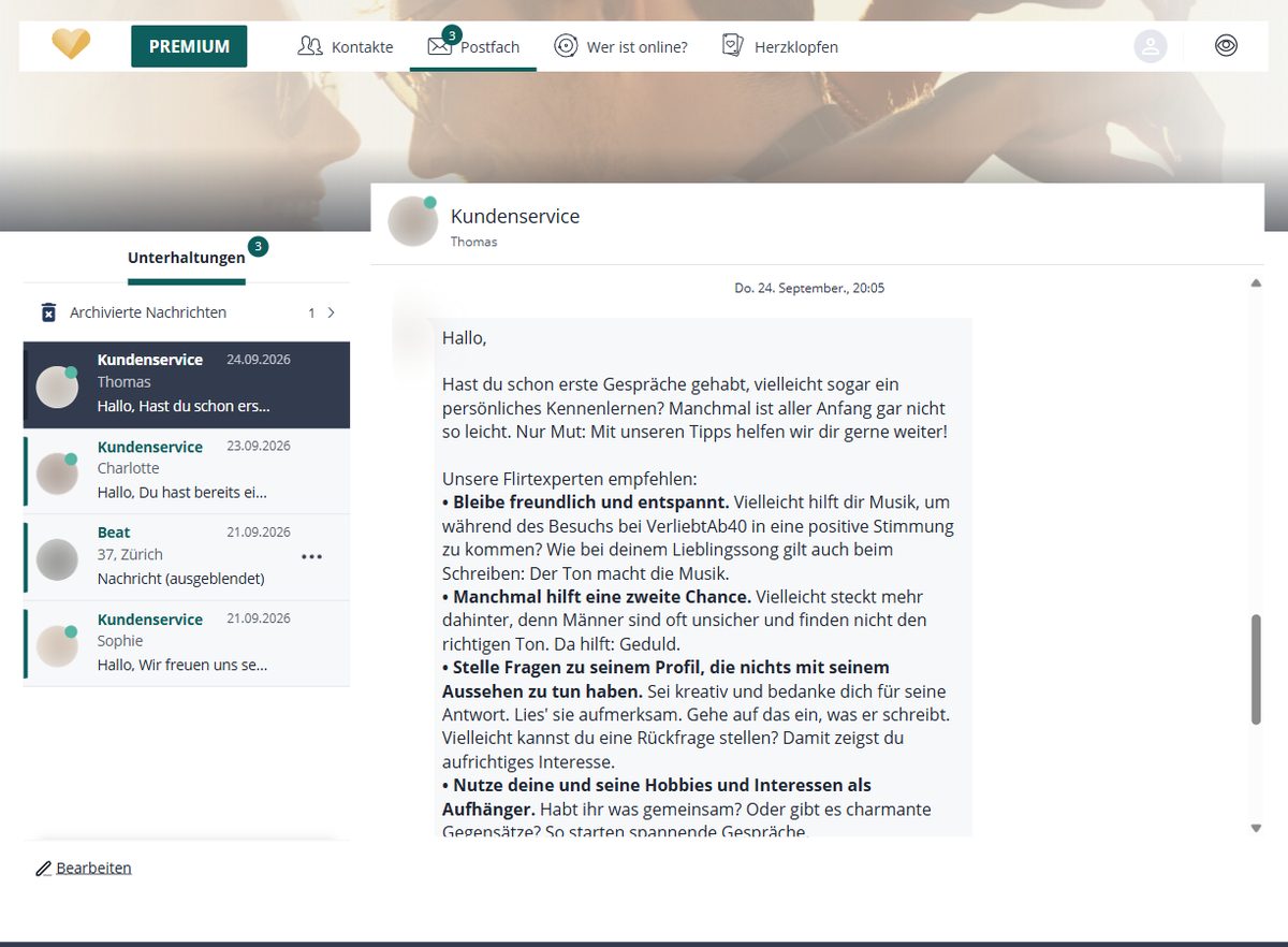 Postfach bei VerliebtAb40 mit Nachrichten des Kundenservice (Namen unkenntlich gemacht)