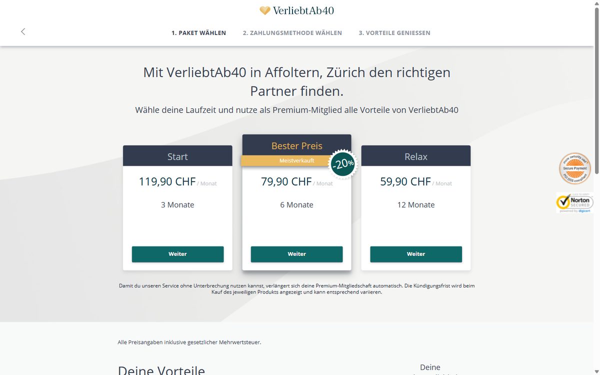 Premium-Angebote von VerliebtAb40 mit Preisen pro Monat