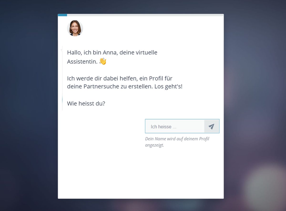 Erster Schritt der Anmeldung bei Academic Singles: der virtuelle Assistent fragt nach dem Vornamen