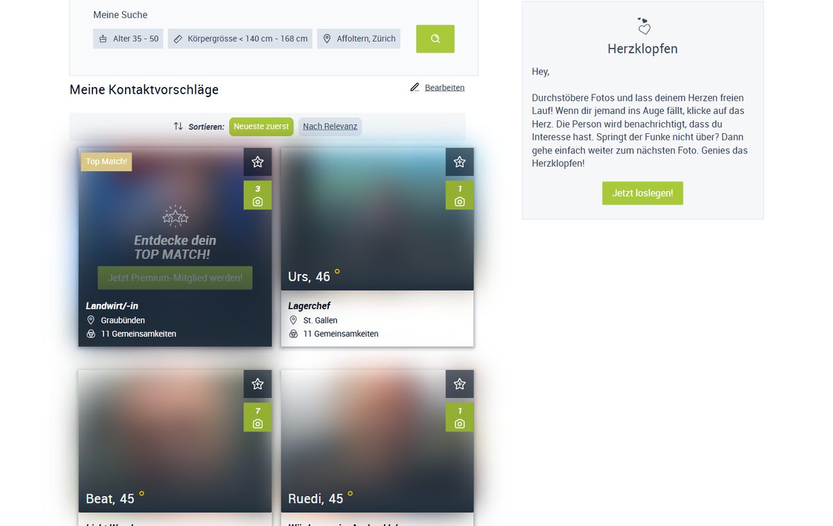 Partnervorschläge bei Aktiv & Verliebt (Namen und Fotos unkenntlich gemacht)