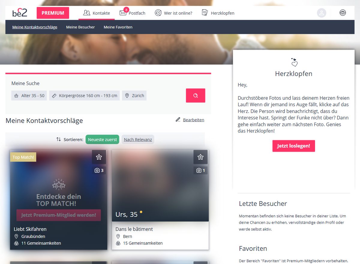 Partnervorschläge bei be2 (Namen und Fotos unkenntlich gemacht)