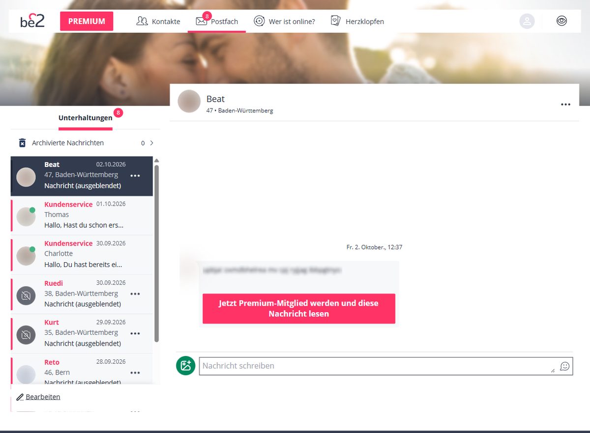 Postfach bei be2 mit Nachrichten des Kundenservice (Namen unkenntlich gemacht)