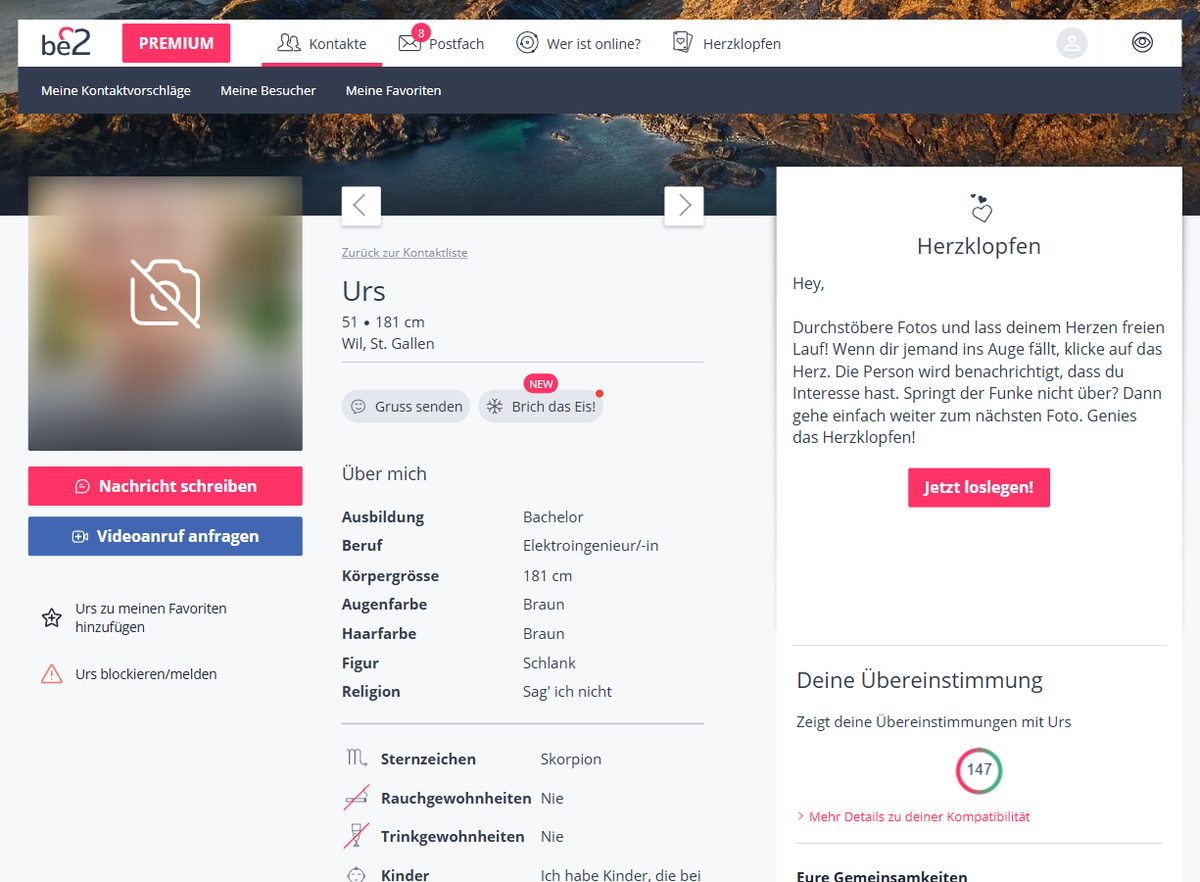 Profilansicht eines Mitglieds bei be2 (Name, Fotos und Freitext unkenntlich gemacht)