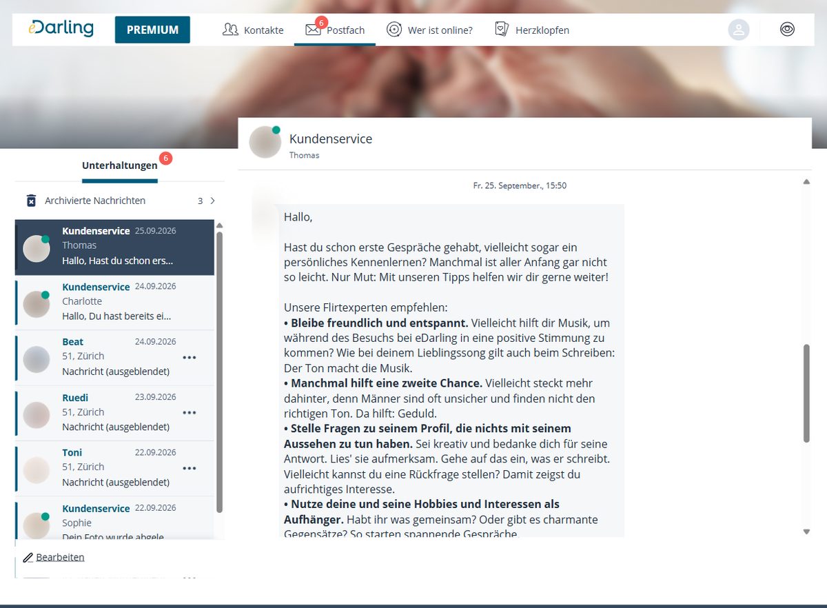 Postfach bei eDarling mit Nachrichten des Kundenservice (Namen unkenntlich gemacht)