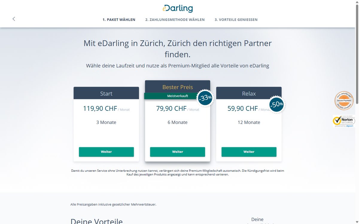 Premium-Angebote von eDarling mit Preisen pro Monat