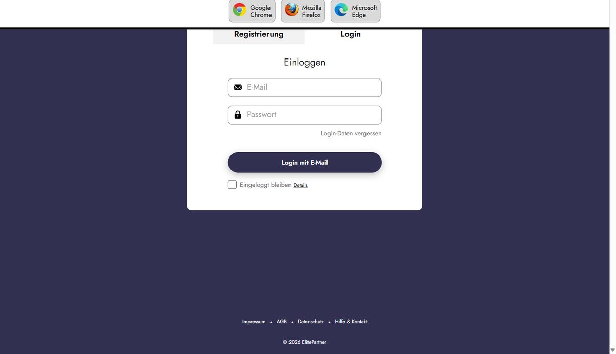 Login-Seite von ElitePartner mit Feldern für E-Mail und Passwort