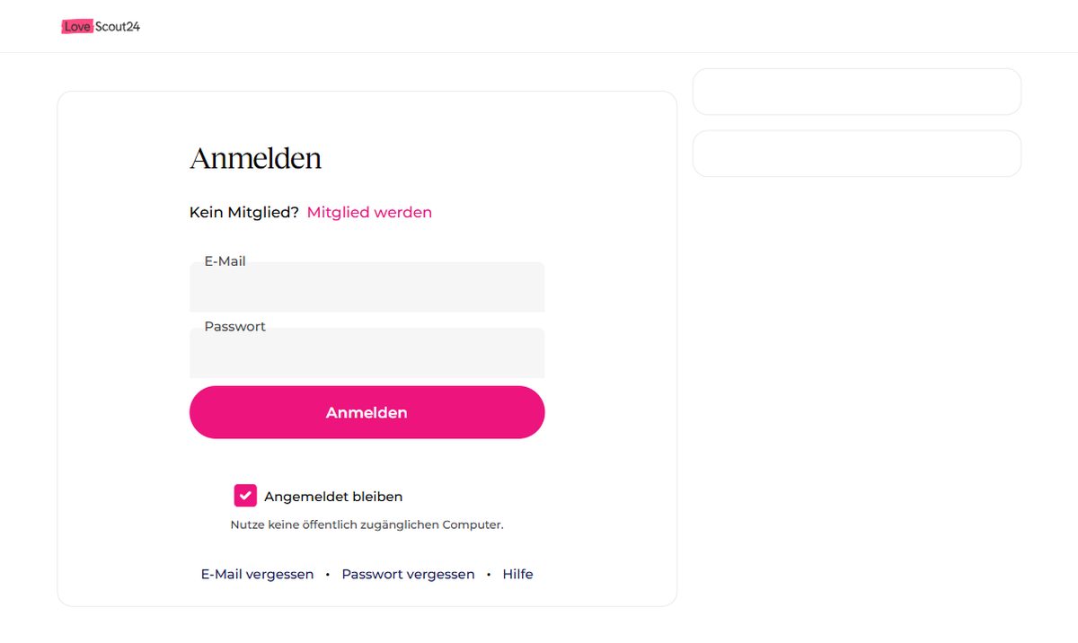 Login-Seite von LoveScout24 mit Feldern für E-Mail und Passwort