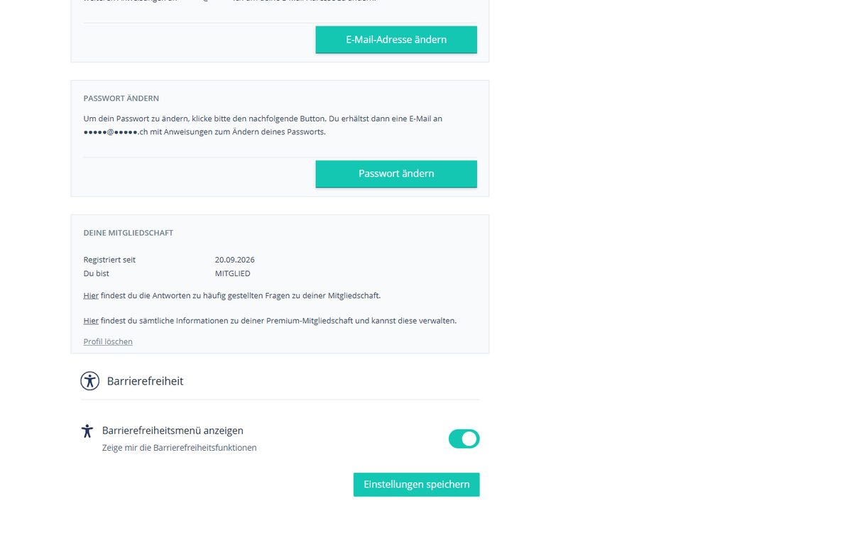 Kontoeinstellungen bei Zusammen.ch mit Mitgliedschaft und Link zum Löschen des Profils (E-Mail-Adresse unkenntlich gemacht)