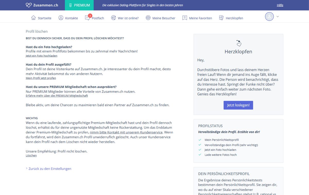 Seite zum Löschen des Profils bei Zusammen.ch