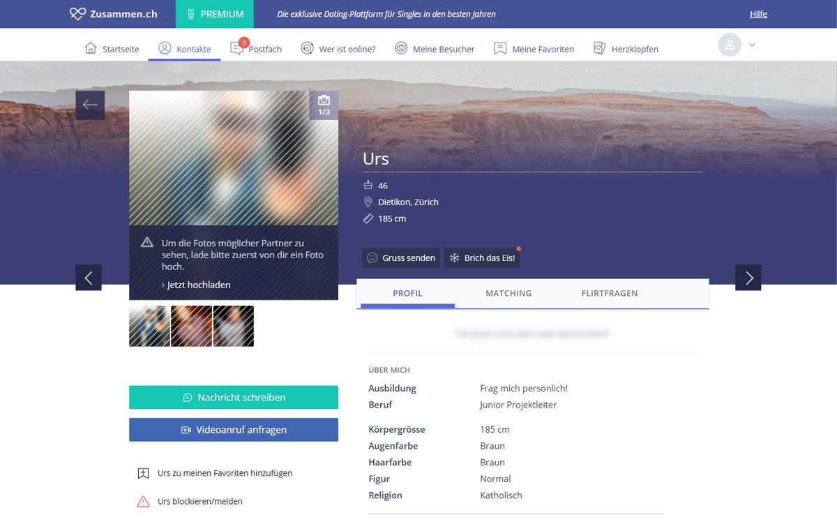 Profilansicht eines Mitglieds bei Zusammen.ch (Name, Fotos und Freitext unkenntlich gemacht)